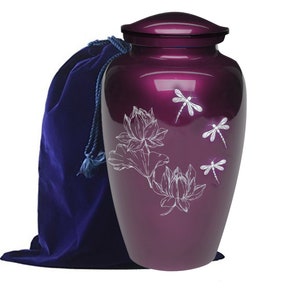 Classic Mother Of Pearl Dragonfly Adult Cremation Urn for Ashes, Metal Urn for Human Ashes, Beautiful Funeral Urn with Urn Bag