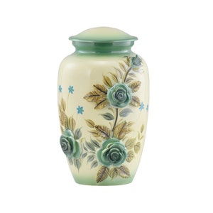 Handcrafted Green Rose Sculpture Urn, Adult Cremation Urn for Human Ashes, Velvet Bag included