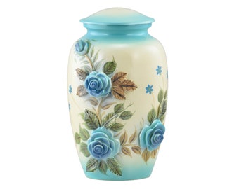 Handcrafted Blue Rose Sculpture Urn, Adult Cremation Urn for Human Ashes, Velvet Bag included