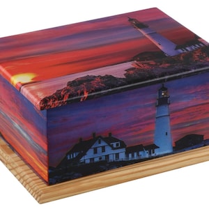 EXCLUSIVE Wooden Lighthouse at Sunset Adult Cremation Urn for Ashes