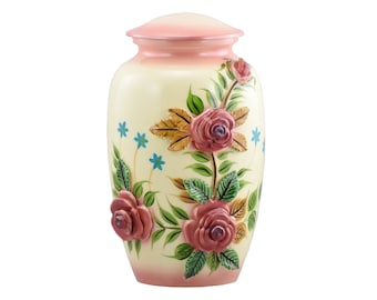 Handcrafted Pink Rose Sculpture Urn, Adult Cremation Urn for Human Ashes, Velvet Bag included