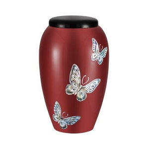 Burgundy Fiberglass Mother of Pearl Butterfly Adult Cremation Urn for Ashes