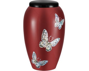 Burgundy Fiberglass Mother of Pearl Butterfly Adult Cremation Urn for Ashes