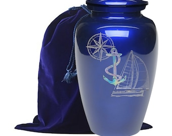 Classic Mother Of Pearl Anchor Adult Cremation Urn for Ashes, Metal Urn for Human Ashes, Beautiful Funeral Urn with Urn Bag
