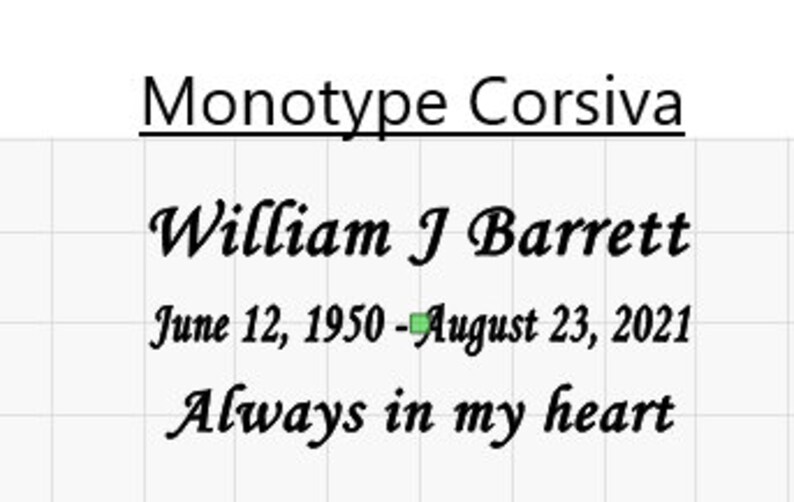 K&ouml;nnte beinhalten: Eine schwarz-wei&szlig;e Gedenkkarte mit dem Text "Monotype Corsiva" in einer kursivschriftlichen Schriftart. Die Karte enth&auml;lt auch den Namen "William J Barrett", die Daten "12. Juni 1950 - 23. August 2021" und den Satz "Immer in meinem Herzen".