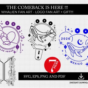 Könnte beinhalten: Digitales Fan-Art mit Walillustrationen, Sternen und dem Text "2026" und Städtenamen. Das Bild enthält auch ein Blumenlogo und den Text "THE COMEBACK IS HERE !!!" und "SVG, EPS, PNG AND PDF".