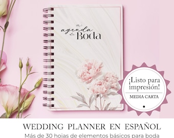 Agenda de Boda, Wedding planner en Español - planner de boda - agenda para boda - planificador de boda, diseño peona, diseño oro rosa