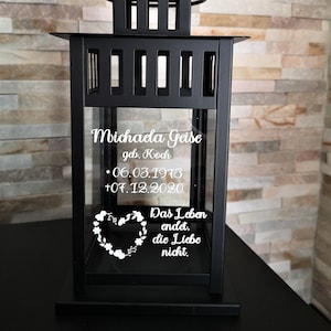 personalisierte Grablaterne Trauer Beerdigung Grablicht Laterne Herz beschriftet Name Grab schwarz Licht Friedhof Trauerspruch Datum Oma Opa