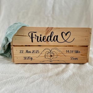 Personalisierte Holzkiste zur Geburt – Geschenk Baby mit Namen & Geburtsdaten – Erinnerungskiste / Geschenkkorb zur Geburt