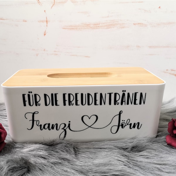 Tücherbox Bambus Holz Für die Freudentränen Taschentücher Box Hochzeit Brautpaar personalisiert Geschenk Kosmetiktücher Glückstränen