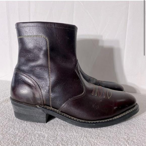 Vintage Burgundy Leather Western Style Round Toe Ankle Boots  display picture 2