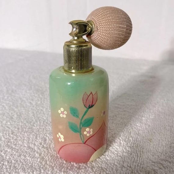Vintage Pink Green Genuine Alabaster Perfume Atomizer Puff Sprayer