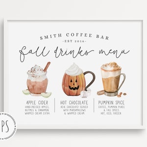 Fall Printable Halloween Coffee Bar Drinks Menu Sign Kitchen Personalized Wall Art Cafe Decor Autumn Pumpkin Spice Latte Custom Download