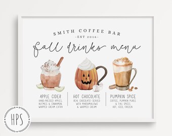 Fall Printable Halloween Coffee Bar Drinks Menu Sign Kitchen Personalized Wall Art Cafe Decor Autumn Pumpkin Spice Latte Custom Download