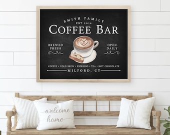 Custom Coffee Bar Metal Sign Personalized Kitchen Coffee Lover Gift Ideas Housewarming Present Family Name Canvas Print Coffee Nook Decor