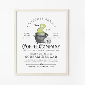 Rústico Halloween imprimible arte de la pared Witchy Coffee Bar Sign Spooky Farmhouse Party Decor Witches Brew Print Personalizado Goth Kitchen Poster