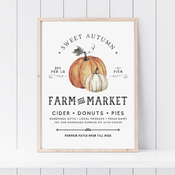 Fall Wall Art Printable, Vintage Thanksgiving Decor Farm Fresh Pumpkin Patch Sign Rustic Fall Kitchen Decor Farm Market Autumn Harvest Print