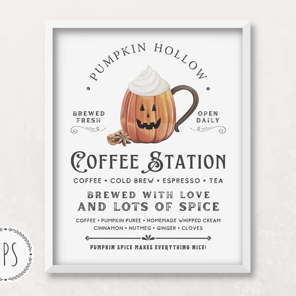 Halloween Printable Wall Art, Pumpkin Spice Latte Coffee Bar Print, Coffee Sign Fall Decor Coffee Station Autumn Print Kitchen Pumpkin Decor