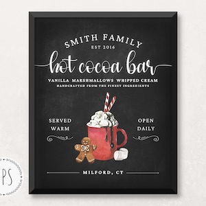 Sinal de barra de cacau quente personalizado imprimível, sinal de cacau quente imprimível, sinal de chocolate quente personalizado, barra de café de Natal, barra de café de quadro-negro