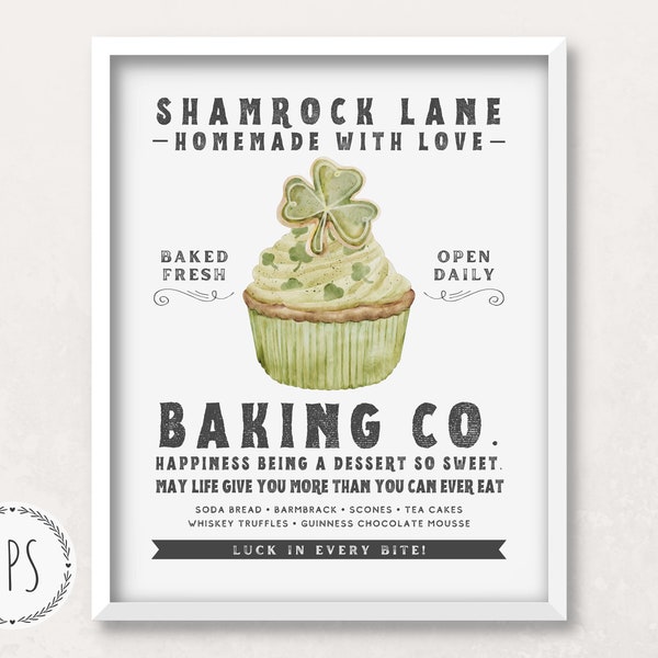 St Patricks Day Sign, Irish Bakery Art Print, Vintage Style Modern Farmhouse Wall Decor for Kitchen, Printable Rustic Chic Cafe Decor