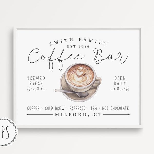 Digital Download - Personalized Coffee Bar Sign, Printable Coffee Station Print, Family Name Est Sign, Coffee Lover Gift, Kitchen Wall Decor