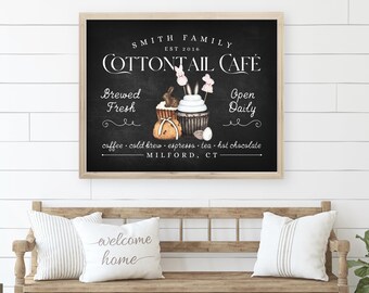 Personalized Cottontail Café Sign | Farmhouse Bunny Coffee Bar Art (Canvas)