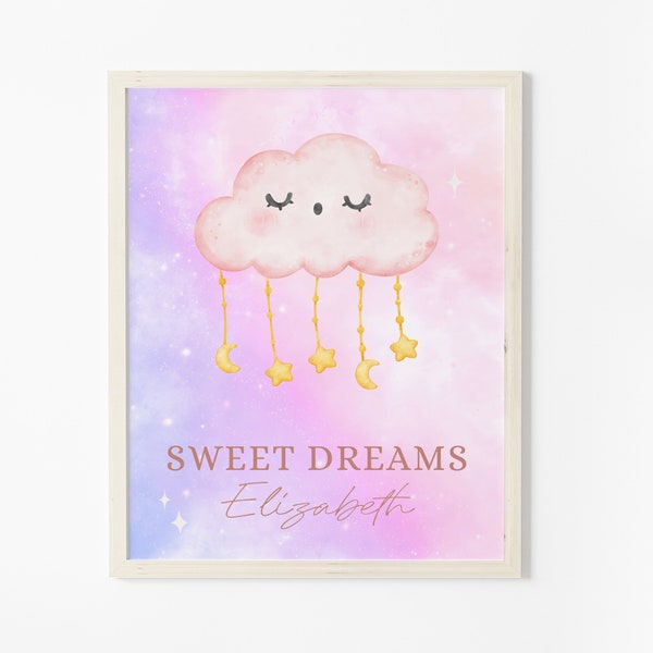 Personalized Cloud Print Nursery Name Sign Girl Above the Crib Decor Pastel Pink Sweet Dreams Wall Art Digital Download Kawaii Illustration