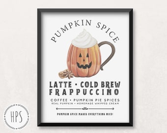 Halloween Printable Wall Art, Pumpkin Spice Latte Coffee Bar Print, Coffee Sign Fall Decor Coffee Station Autumn Print Kitchen Pumpkin Decor