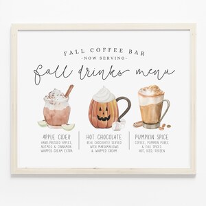 Outono Café Bar Sinal de Cidra de Maçã Estação de Chocolate Quente de Halloween Outubro Impressão de Abóbora Tempero Latte Temporada Outono Bebidas Menu Decoração de Festa