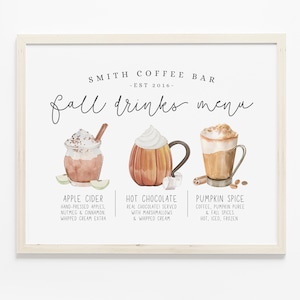 Café de outono para impressão, menu de bebidas, chocolate quente, sinal de cozinha, arte de parede personalizada, decoração de café, abóbora de outono, especiarias, latte, download personalizado