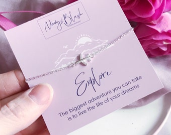 Silver Travel Bracelet, Personalised Message Card, Gift For Traveller Bracelet, Adventure Bracelet, Travel Charm, Explore Travel Gift