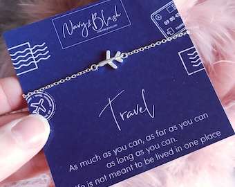 Personalisierte Reise Armband Karte, Neuanfänge Geschenk, Abschlussfeier, Gap Jahr, neuer Job, Umzug Geschenk, Silber Flugzeug Armband, Kundenspezifische Karte