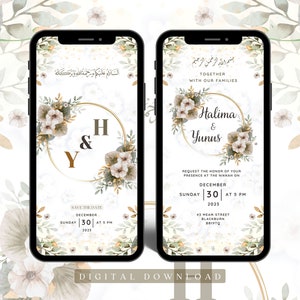 Tarjeta de invitación animada de boda musulmana digital / Invitación floral de Nikkah / Tarjeta de Walima Evite marrón beige sin papel / Compartir redes sociales / JPG