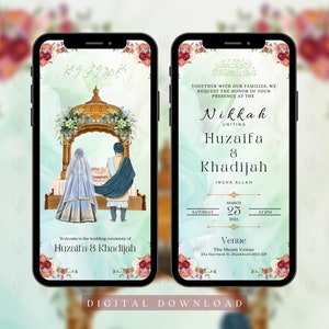 Cartão animado do convite do casamento muçulmano de Digitas de <br> Entrega Rápida? Convite floral de Nikkah | Cartão sem papel de Evite Walima do verde da menta de <br> Entrega Rápida? Vídeo MP4 | JPG | SVG