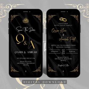 Tarjeta de invitación de video animada de boda musulmana digital negra y dorada, invitación de Nikkah de 2 anillos / Tarjeta Evite Walima sin papel / Compartir redes sociales
