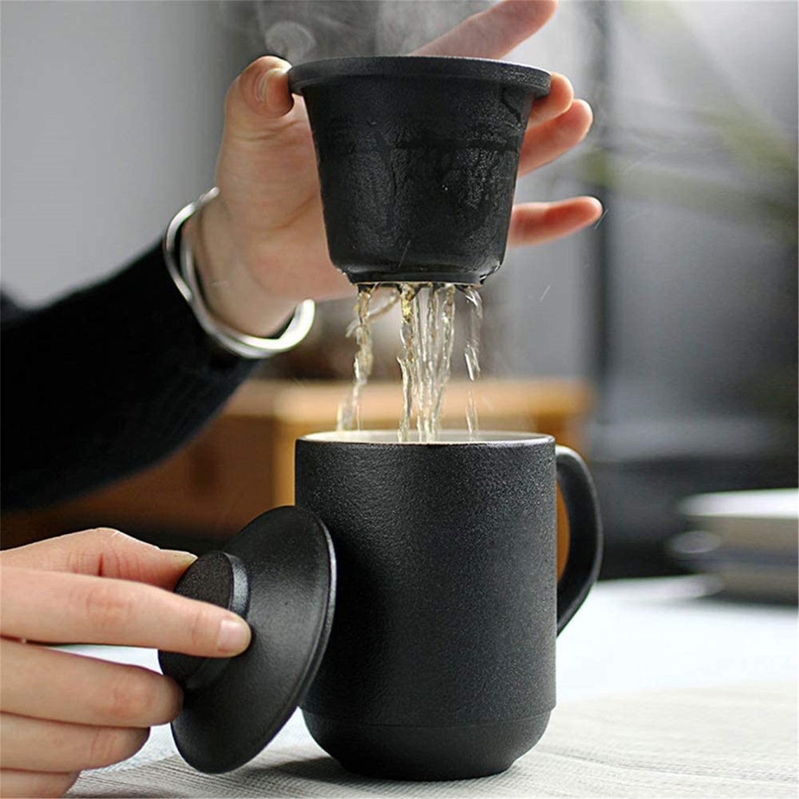 Ceramic Tea Mug with Infuser and Lid Matte Black Vintage Tea Etsy