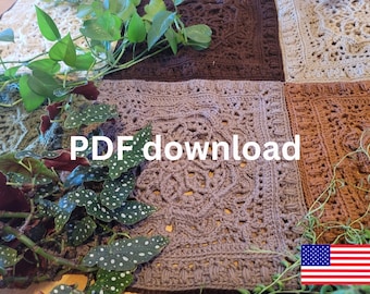 May include: A crochet blanket with squares in various shades of brown, beige, and gray. The blanket is decorated with a leafy green plant and the text "PDF download" is visible in the center. An American flag is in the lower right corner.