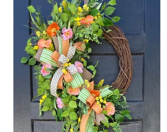 Large Summer Welcome Wreath for Front Door, Colorful Outdoor Summertime porch decoration with artificial florals