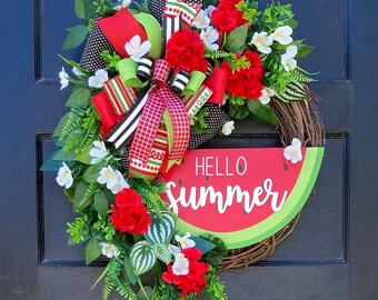 Large Outdoor Watermelon Grapevine Wreath for Front Door, Hello Summer Door Hanger, Fun Summer Fruit Door Wreath for Mother's Day gift