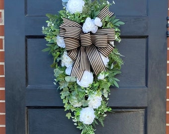 Elegant Spring Teardrop Swag Wreath for Front Door, Farmhouse Wedding decor, Everyday Porch decoration with white flowers