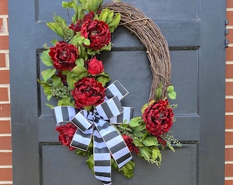 Large Rustic Red Farmhouse Wreath for Front Porch Door, Oval Grapevine Wreath Red Flowers, Everyday Wreath for front door, Year long wreath