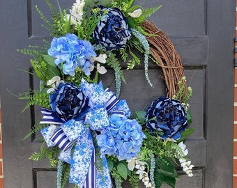 Large Rustic Blue Hydrangea and Peony Floral Wreath for Front Door,  Grapevine Wreath Blue Flowers, Everyday Wreath for front door