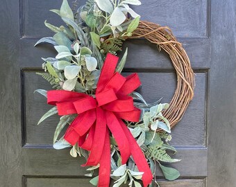Large Lambs Ear Farmhouse Wreath for Front Door with Deep Red burgundy bow, Everyday Wreath front door, Year long decor, Mother's Day gift