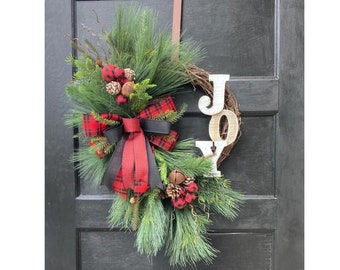Large Rustic Winter Pine Wreath, Country Winter front door decor with bells and buffalo plaid, Modern Farmhouse Wreath
