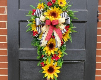 Large Sunflower Swag for Front Door, Spring Swag, Mother’s Day gift ideas, Sunflower decor, summertime porch decor, Rustic Swag