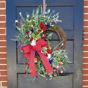 large red, white, and blue patriotic floral grapevine wreath