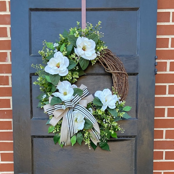 Farmhouse Magnolia wreath for front door, Everyday wreath, Magnolia wreath, Front door decor, Everyday grapevine, Rustic Magnolia wreath