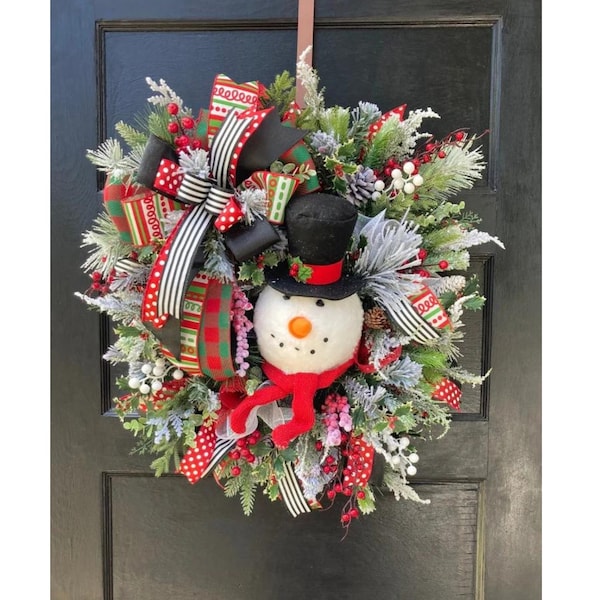 Realistic Large Festive Evergreen Frosted Pine Outdoor Winter Snowman Wreath for Front Door porch Christmas Holiday with Traditional colors