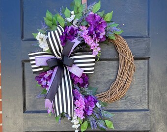 Outdoor Purple Grapevine Wreath for Spring, Elegant Purple Porch Door Decoration, Gift for Mom