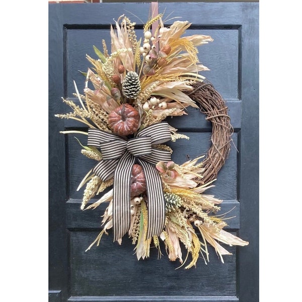 Large Fall Grapevine Wreath for Front Door with Pumpkins and corn husks, Autumn Porch decor, Natural Looking Grapevine for Outdoors
